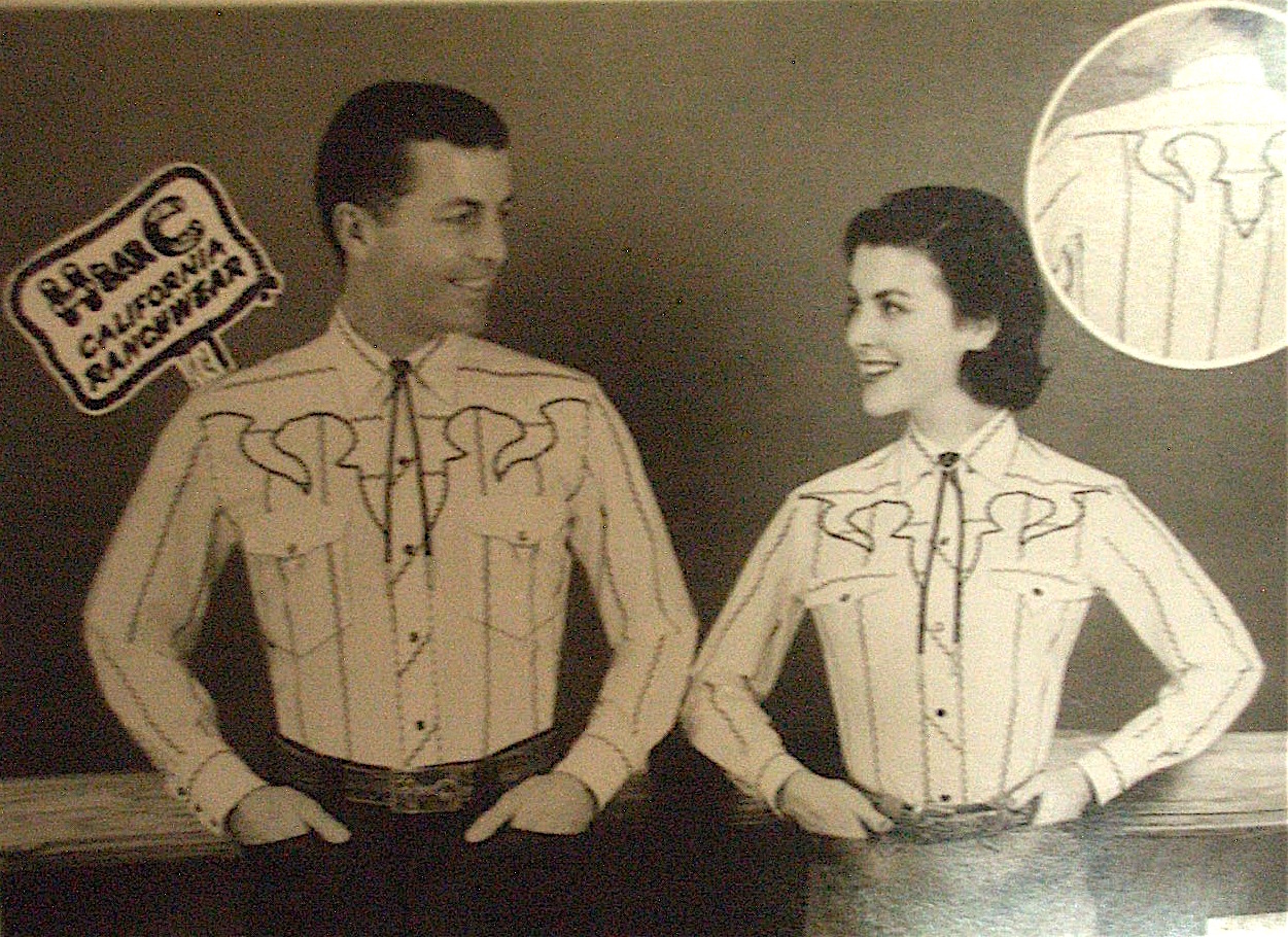 Young Partners modeling in white embroidered H-Bar-C shirts with bolo ties